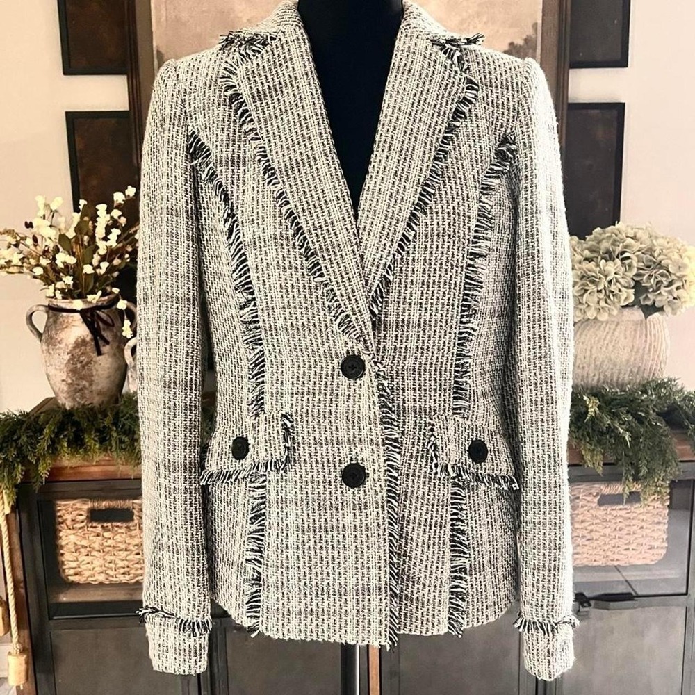 Karl Lagerfeld Paris Womens Fringe Trim Tweed Blazer Black White Jacket Size 6